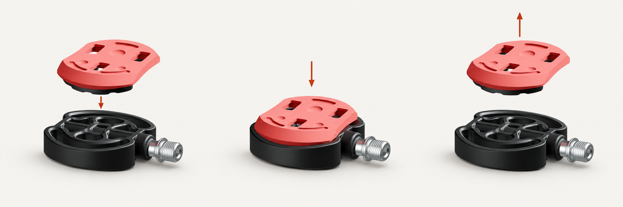 Three illustrated states of the Bythlon cleat and pedal: locating the cleat above the pedal, pressing it into place, and lifting it clear.